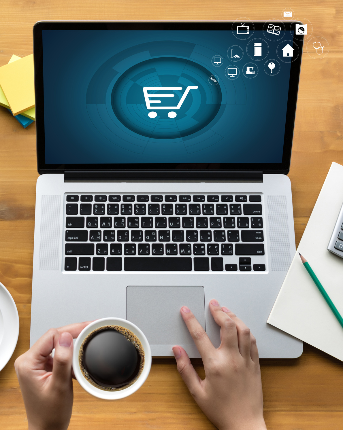 Business people use Technology Ecommerce Internet Global Marketing Purchasing Plan and Bank Concept